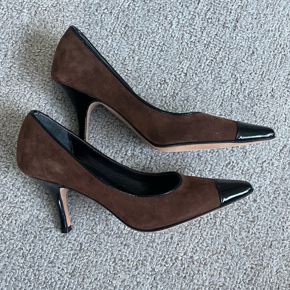 Butter Suede Pointed Toe Colorblock Pump Black Brown Size 4 1/2 Italy - Picture 2 of 7
